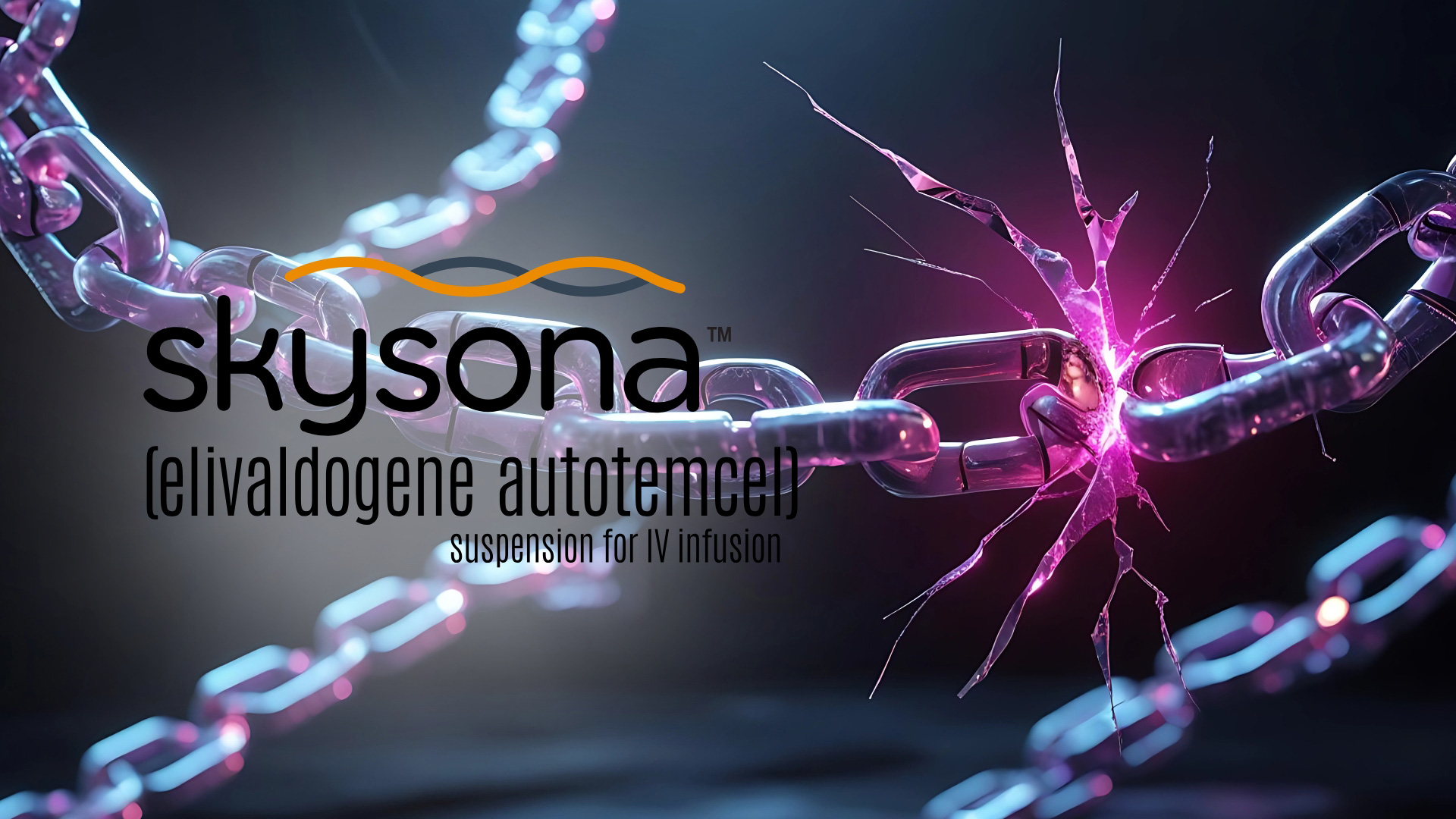 تصویر مفهومی از یک رشته DNA دیجیتال که نمایانگر ژن‌درمانی Skysona است. یک بخش از DNA با نور magenta درخشان شده که نماد خطر بدخیمی خونی و جهش ژنتیکی ناشی از درمان است.
