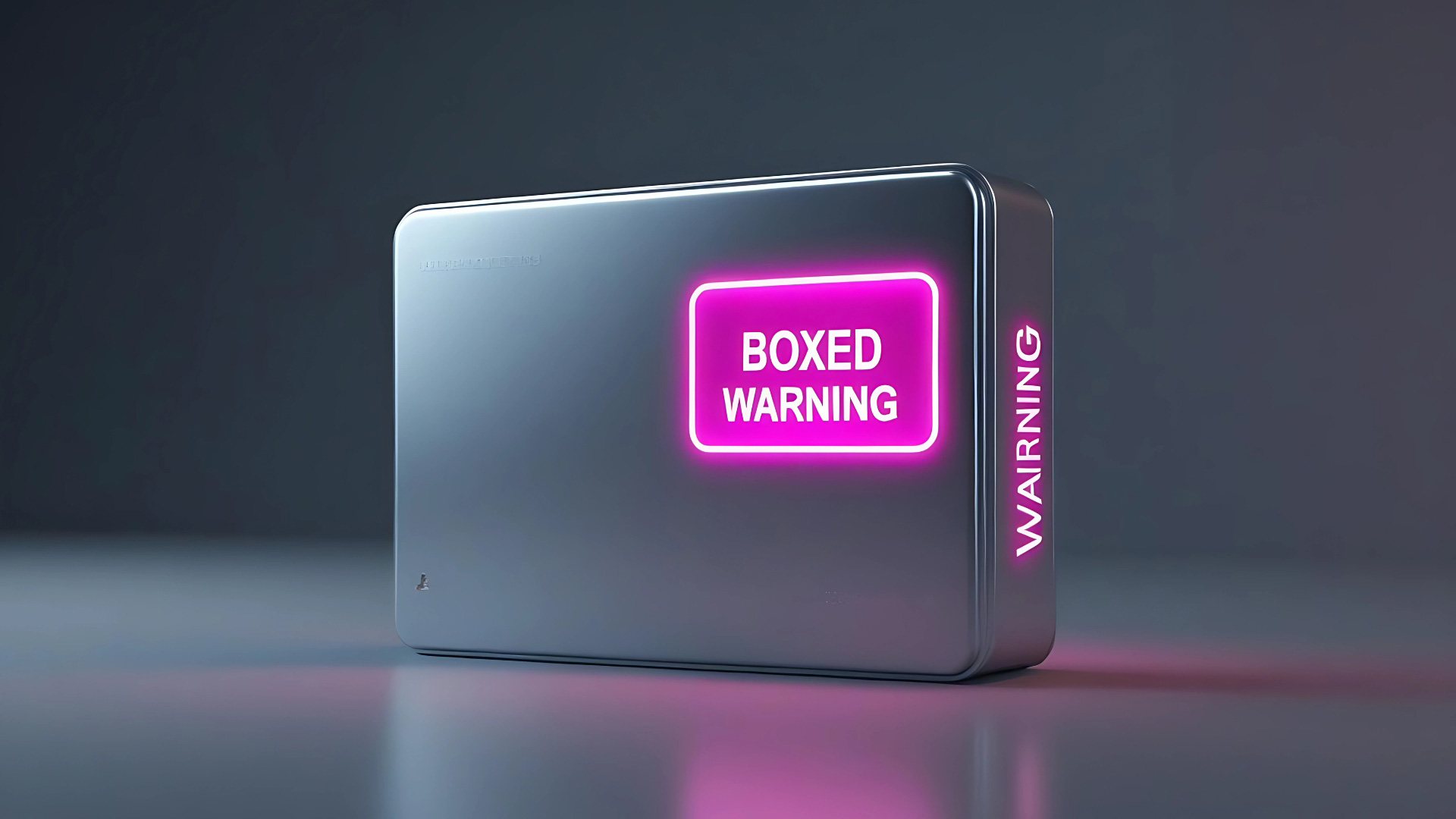 بسته دارویی مدرن ژن‌درمانی Skysona که روی آن یک 'هشدار جعبه‌ای' (Boxed Warning) درخشان به رنگ magenta، جدی‌ترین سطح هشدار ایمنی FDA را به وضوح نشان می‌دهد.