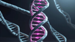 زنجیره DNA به عنوان نماد ژن‌درمانی Skysona که یک حلقه از آن شکسته و با نور magenta درخشان شده است، نمایانگر عوارض جانبی شدید و خطر سرطان به عنوان یک نقص در این درمان پیشرفته.