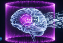 تصویری مفهومی از یک تراشه مغزی که در حال رمزگشایی گفتار درونی با محافظت از حریم خصوصی است