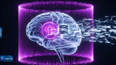 تصویری مفهومی از یک تراشه مغزی که در حال رمزگشایی گفتار درونی با محافظت از حریم خصوصی است