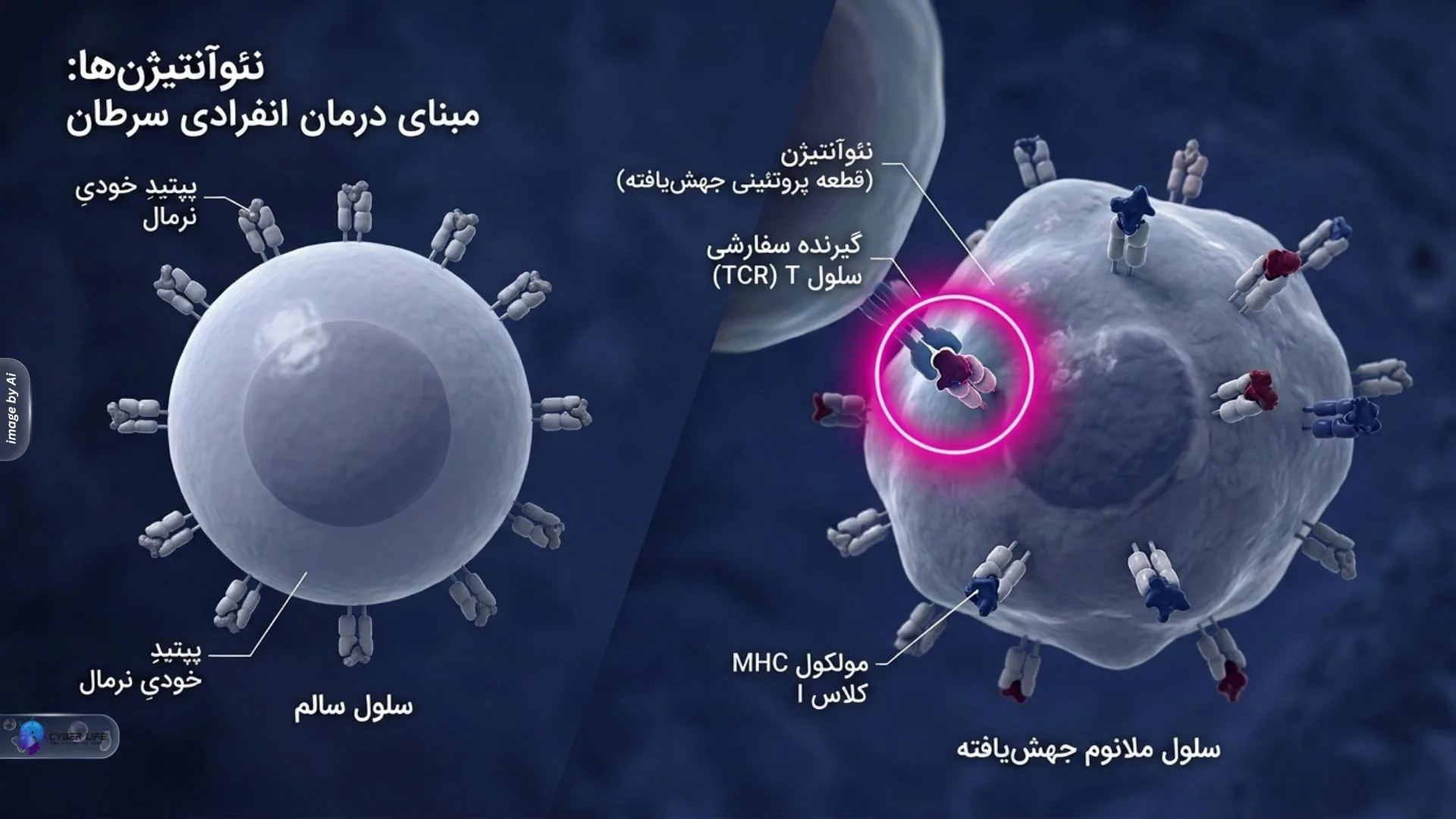 نماد ترکیب دارویی intismeran autogene و pembrolizumab در هدف‌گیری سلول‌های سرطانی ملانوما.