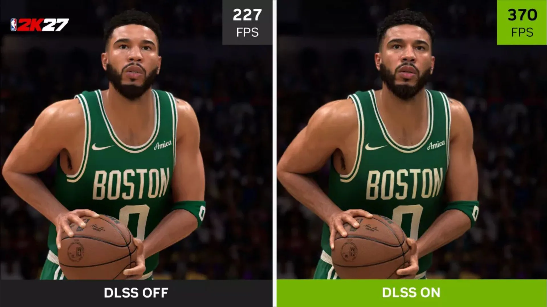 مقایسه کیفیت نورپردازی و بازتاب روی پوست بازیکنان در بازی NBA 2K27 با DLSS 5