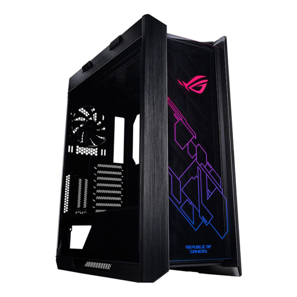 نمای جلویی کیس ایسوس ROG Strix Helios با نورپردازی داینامیک ARGB خطوط سایبرپانک