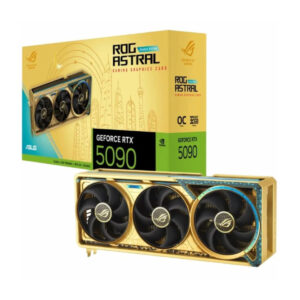 نمای جلویی کارت گرافیک ایسوس ROG Astral GeForce RTX 5090 Dhahab OC Edition با جزئیات طلایی لوکس