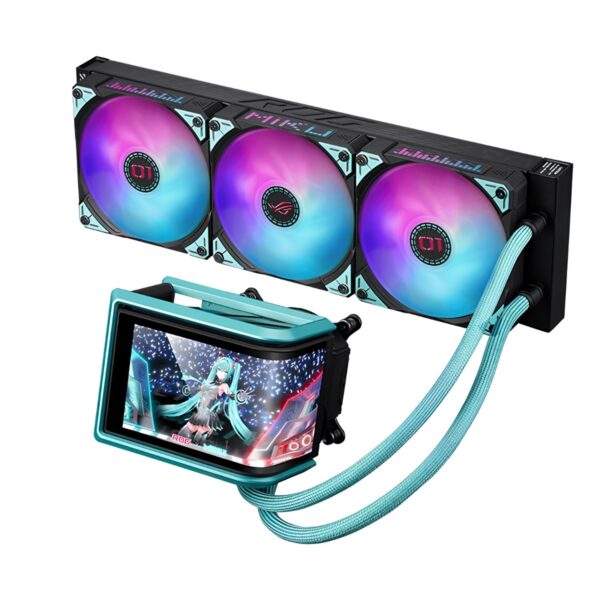 نمای کامل از جلو خنک کننده مایع پردازنده ایسوس ROG RYUO IV 360 ARGB HATSUNE MIKU