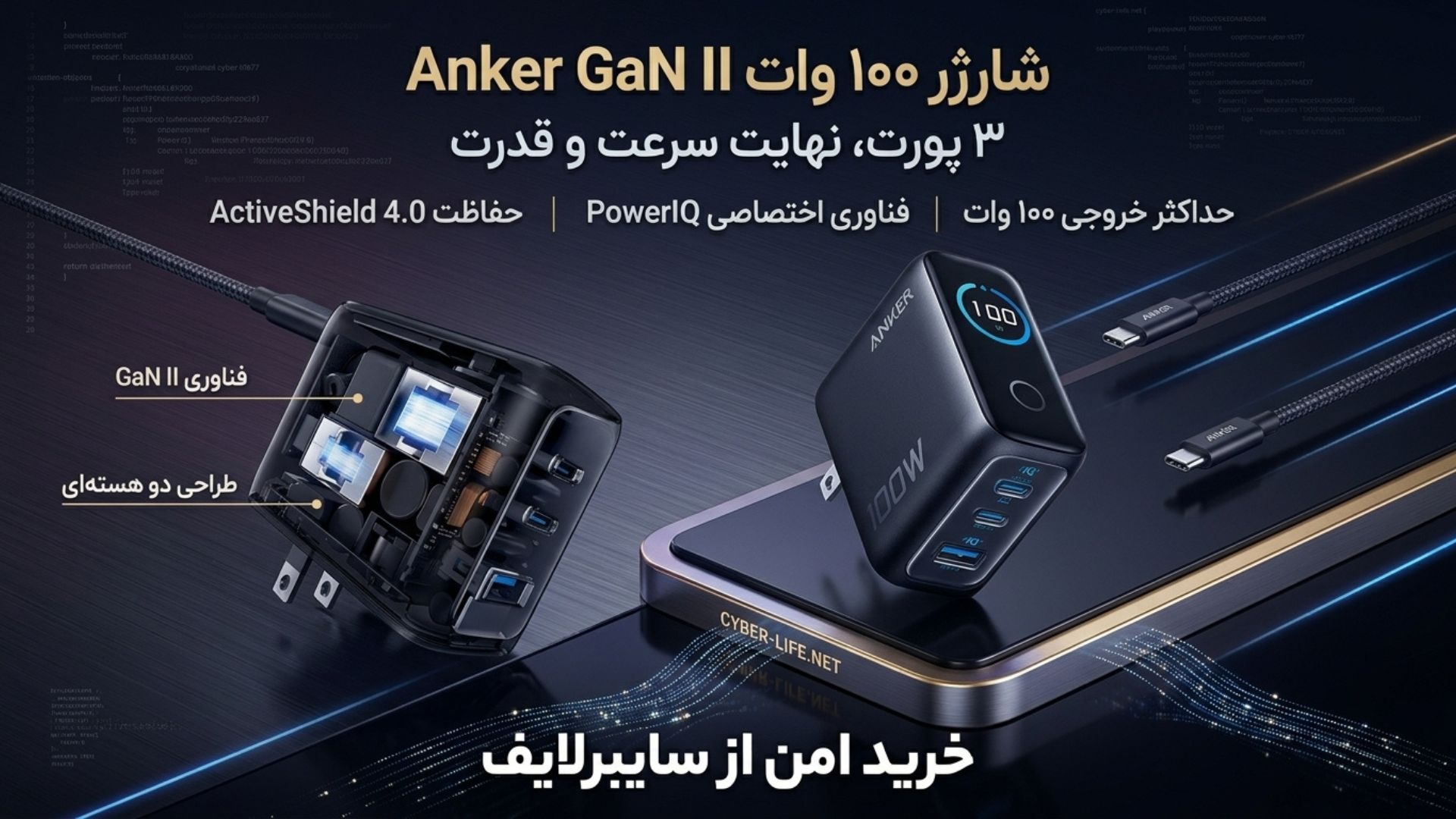 اداپتور 100 وات انکر مدل Anker Charger 3 Port 100W GaN II Fast Charging B121B
