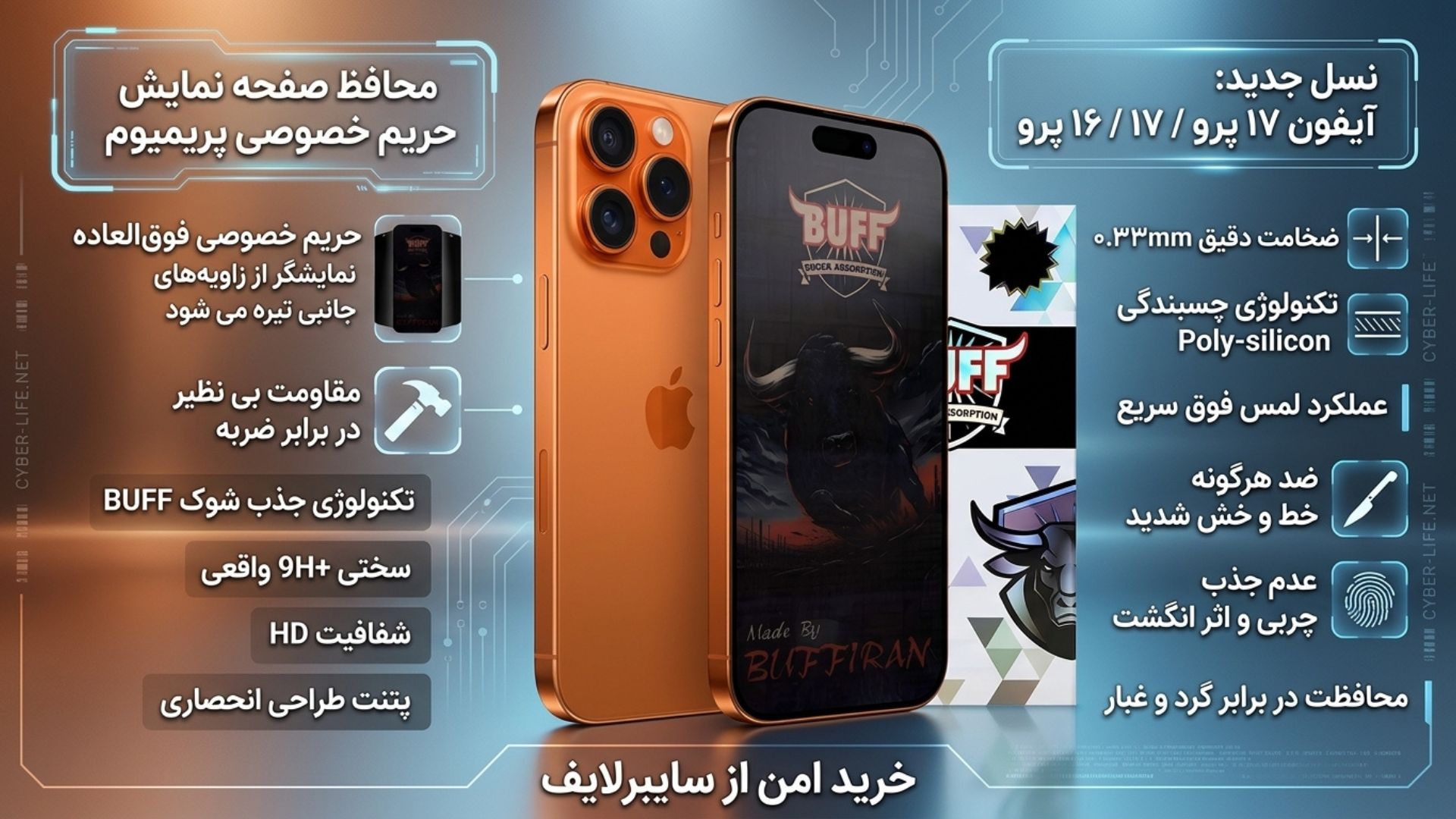 گلس پرایوسی بوف مدل BullRun Privacy Pro-Guarantee مناسب برای گوشی موبایل اپل iPhone 17 Pro / 17 / 16 Pro | سایبر لایف
