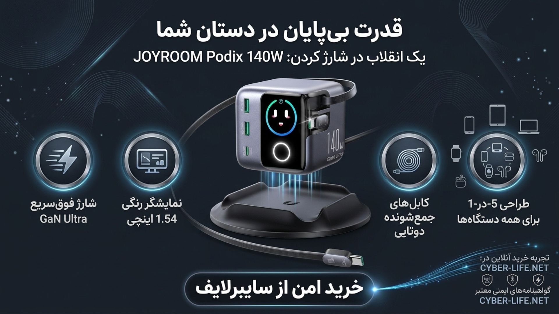 شارژر هوشمند GaN جویروم اصلی با تضمین اصالت کالا
