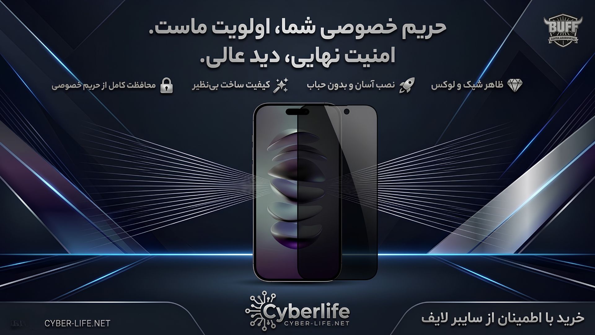 خرید امن محافظ صفحه نمایش پرایوسی بوف (Privacy-Guarantee) آیفون ۱۷ پرو مکس