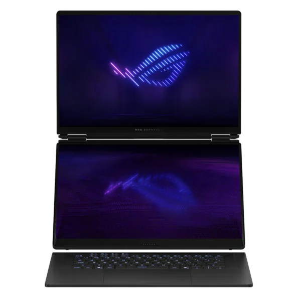 نمای روبه‌روی لپ تاپ ایسوس ROG Zephyrus Duo GX651AX با دو صفحه نمایش روشن
